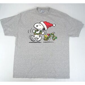 Vintage Peanuts Christmas Shirt Snoopy Holiday XL Charlie Brown Gray Santa Woods